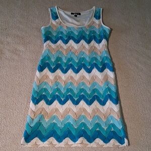 Sharagano Blue and Cream Beach Zigzag Midi Beach Dress 6